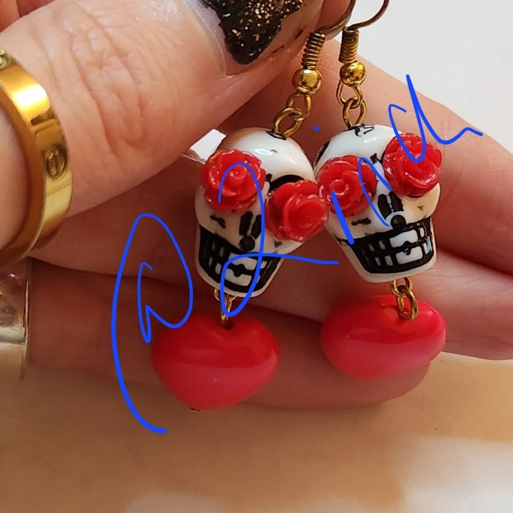 Sugar Skull Rose Heart Dangle Earings (Free W/bundle Of 2 Items)